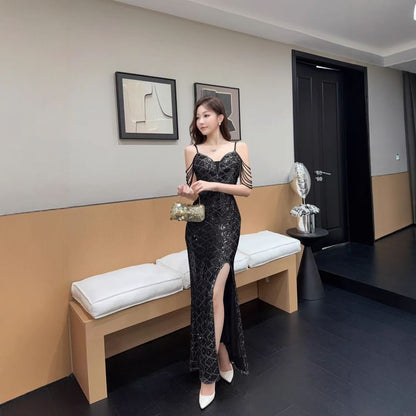 Spaghetti Strap Sequin Patterned Beaded Slit Trumpet Evening Dress