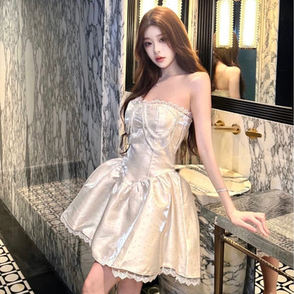 Plain Faux Pearl Lace Trim Satin Mini A-Line Tube Cocktail Dress