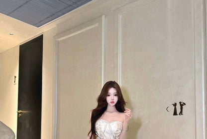Plain Faux Pearl Lace Trim Satin Mini A-Line Tube Cocktail Dress