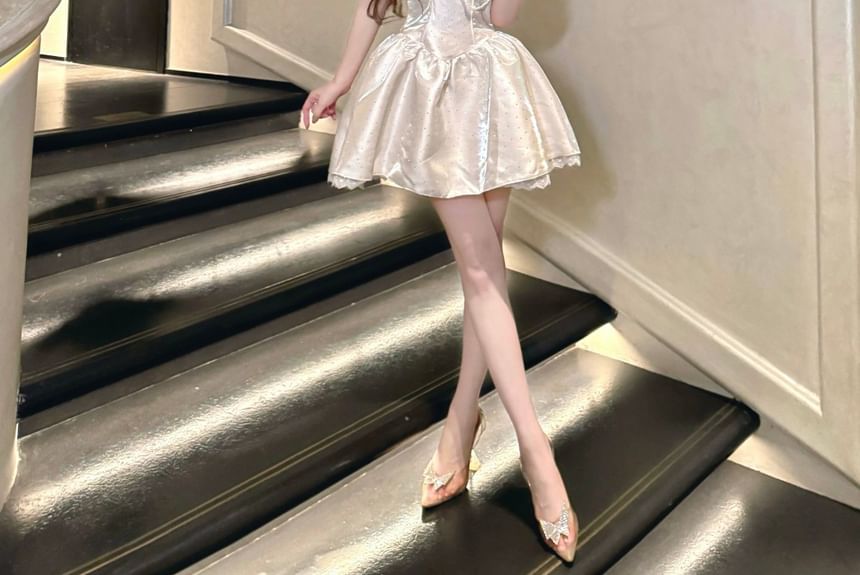 Plain Faux Pearl Lace Trim Satin Mini A-Line Tube Cocktail Dress