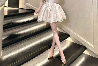 Plain Faux Pearl Lace Trim Satin Mini A-Line Tube Cocktail Dress