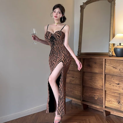 Spaghetti Strap Glitter Zebra Print Slit Sheath Evening Dress