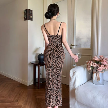 Spaghetti Strap Glitter Zebra Print Slit Sheath Evening Dress