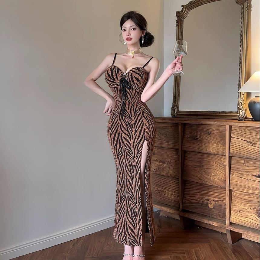 Spaghetti Strap Glitter Zebra Print Slit Sheath Evening Dress