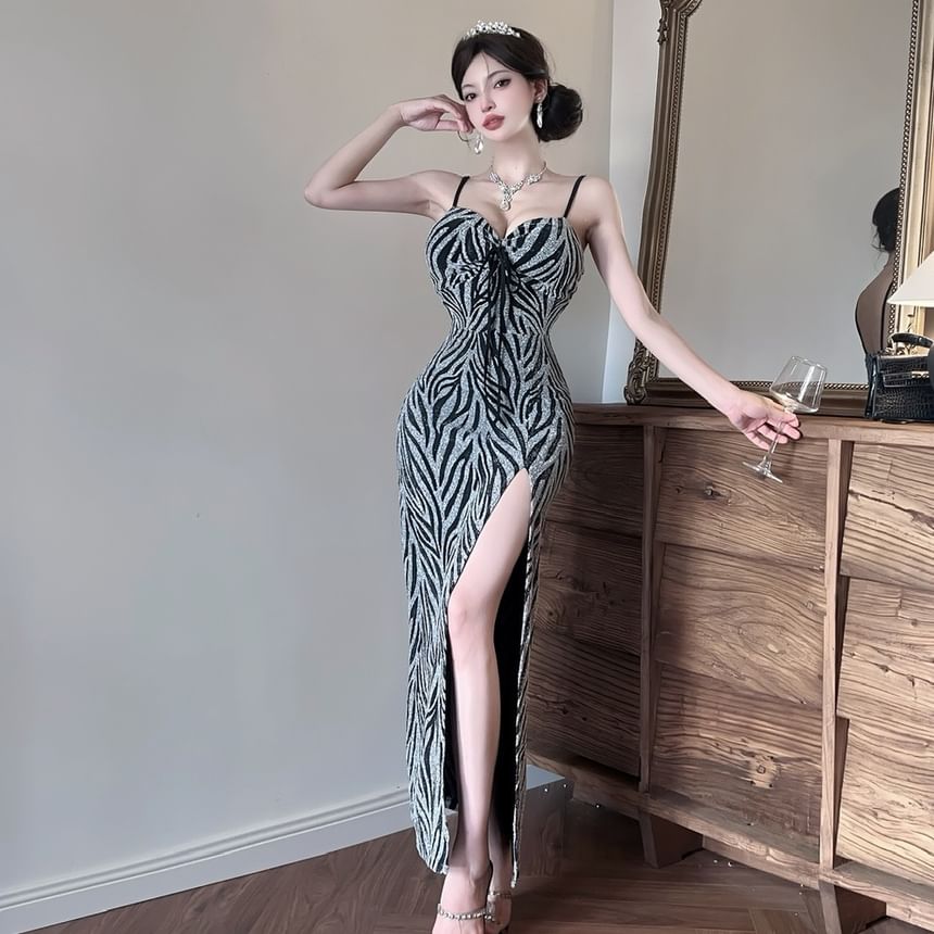 Spaghetti Strap Glitter Zebra Print Slit Sheath Evening Dress