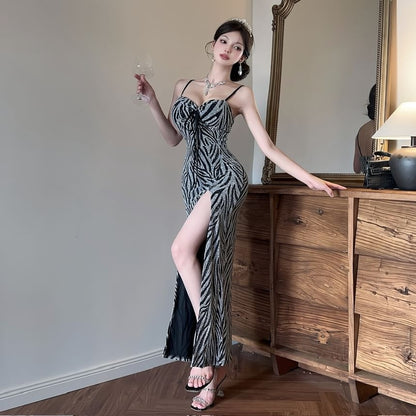 Spaghetti Strap Glitter Zebra Print Slit Sheath Evening Dress