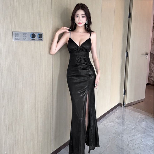 Spaghetti Strap V-Neck Plain Ruched Slit Maxi Trumpet Cocktail Dress