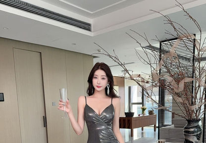 Spaghetti Strap V-Neck Plain Ruched Slit Maxi Trumpet Cocktail Dress