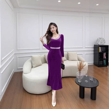 Long Sleeve Scoop Neck Plain Faux Pearl Beaded Velvet Maxi Trumpet Cocktail Dress