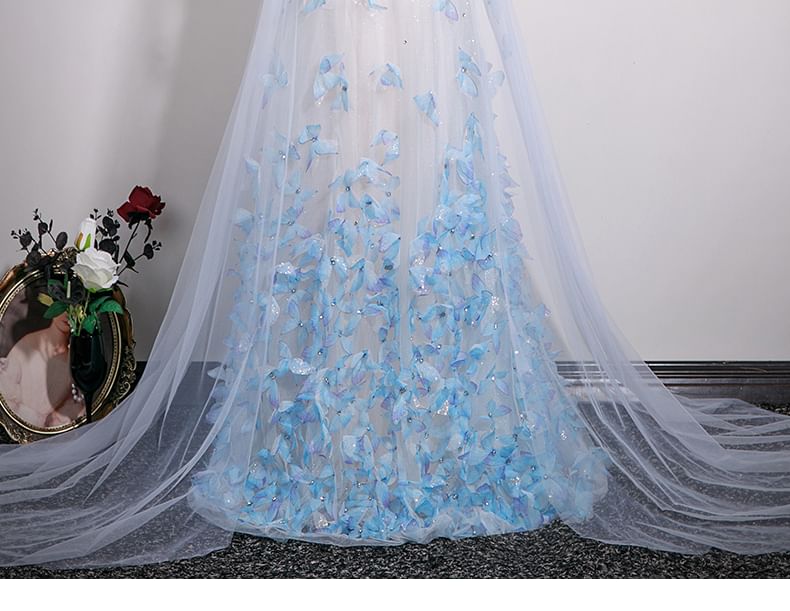 Butterfly Applique Mesh A-Line Tube Evening Gown