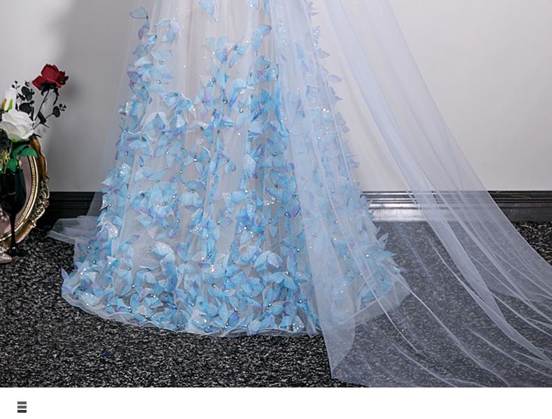 Butterfly Applique Mesh A-Line Tube Evening Gown