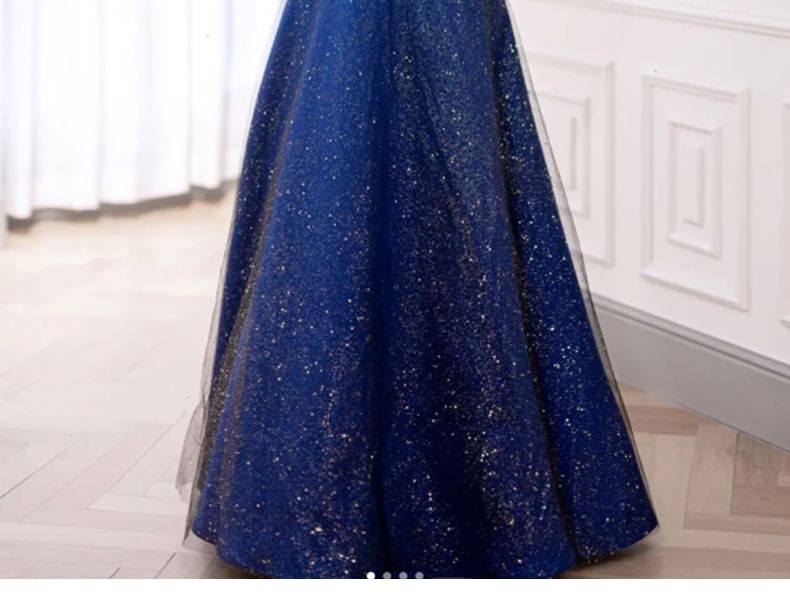 Short Sleeve Off Shoulder Plain Glitter Ruched Mesh A-Line Evening Gown