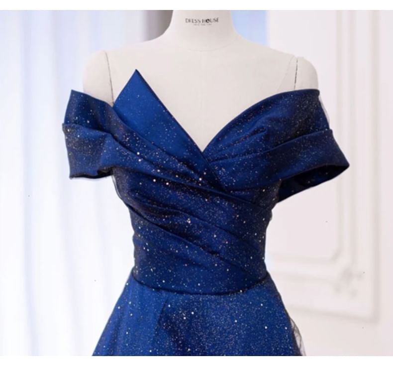 Off Mesh Glitter Shoulder Short Plain A-Line Gown Ruched Sleeve Evening