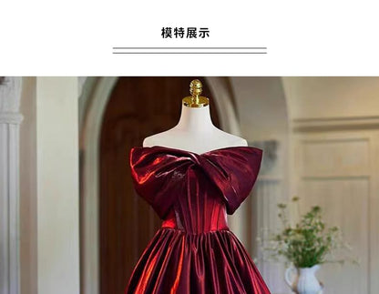 Off Shoulder Plain Gathered A-Line Evening Gown