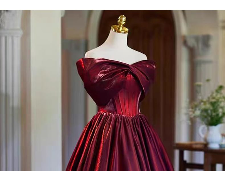 A-Line Off Gathered Plain Evening Gown Shoulder