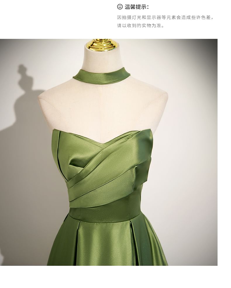 Plain Ruched Satin A-Line Tube Evening Gown