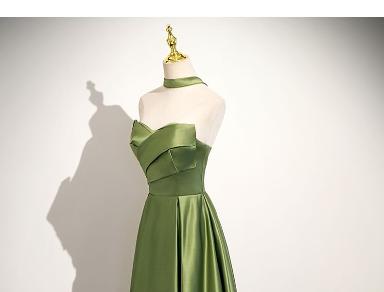 Plain Ruched Satin A-Line Tube Evening Gown