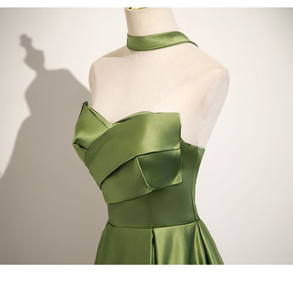 Plain Ruched Satin A-Line Tube Evening Gown