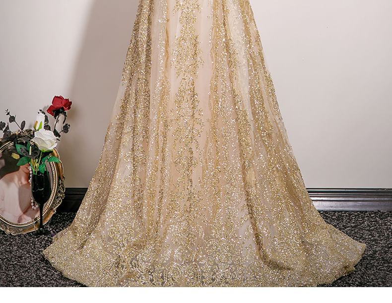 Mesh A-Line Gown Beaded Evening Tube