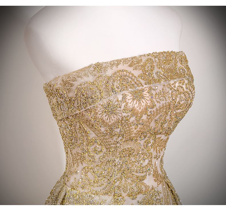 Beaded Mesh A-Line Tube Evening Gown