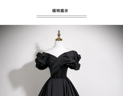 Short Sleeve Off Shoulder Plain Satin A-Line Evening Gown