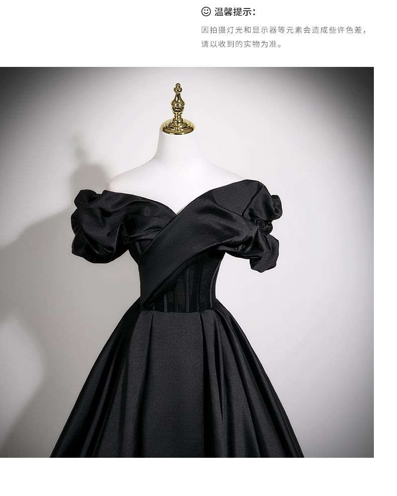 Short Sleeve Off Shoulder Plain Satin A-Line Evening Gown