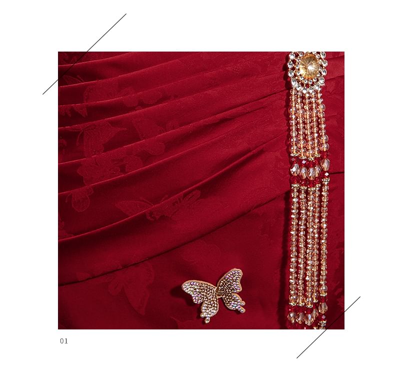 Butterfly Applique Beaded Jacquard Trumpet Tube Evening Gown