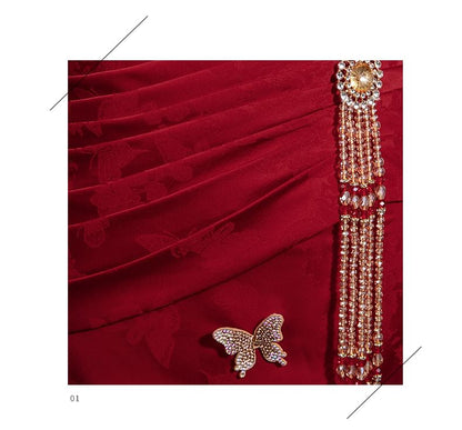 Butterfly Applique Beaded Jacquard Trumpet Tube Evening Gown