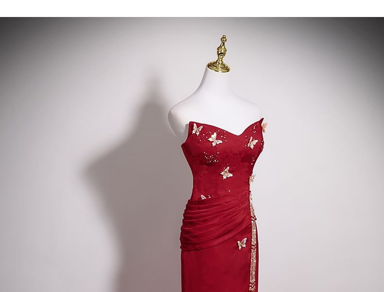 Butterfly Applique Beaded Jacquard Trumpet Tube Evening Gown