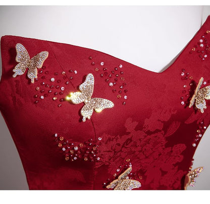 Jacquard Tube Beaded Evening Applique Butterfly Gown Trumpet