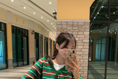 Striped V Neck Long Sleeve Knit Sweater