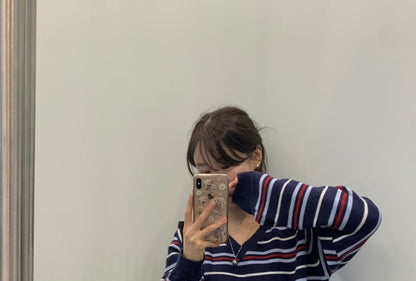 Striped V Neck Long Sleeve Knit Sweater
