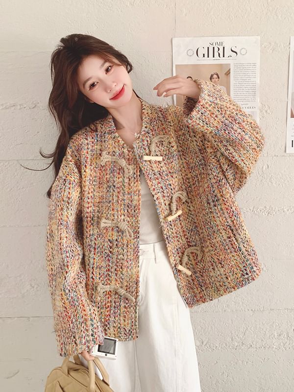 Band Collar Tweed Toggle Jacket