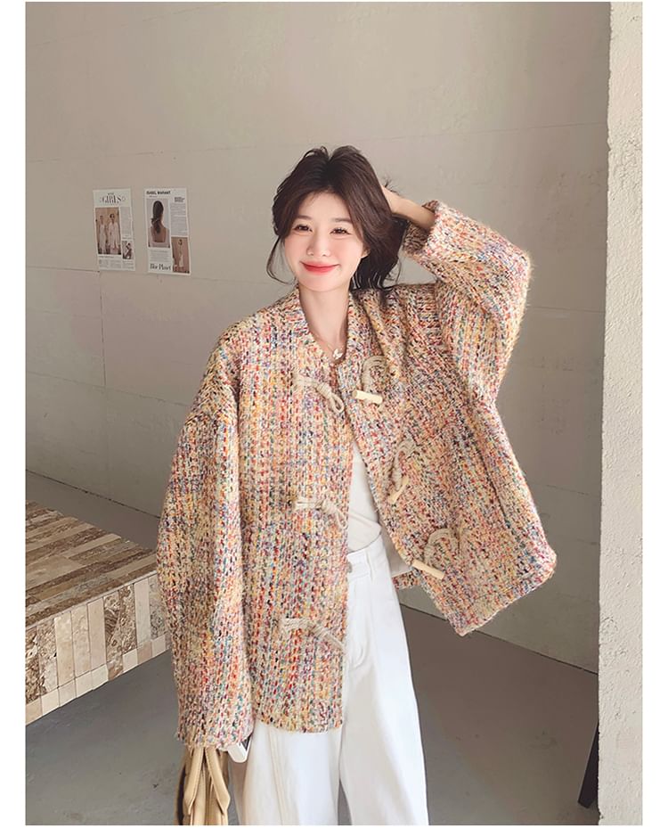 Band Collar Tweed Toggle Jacket