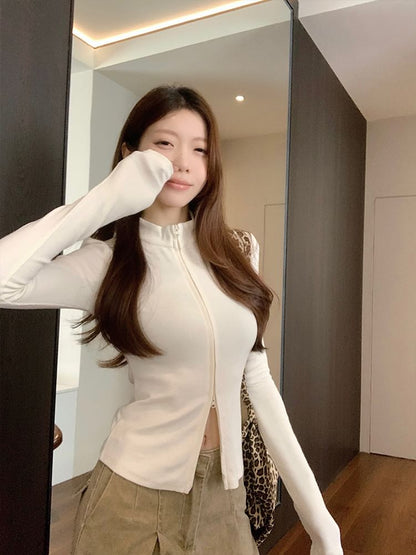Zip Up Mockneck Long Sleeve Solid Casual T-Shirt