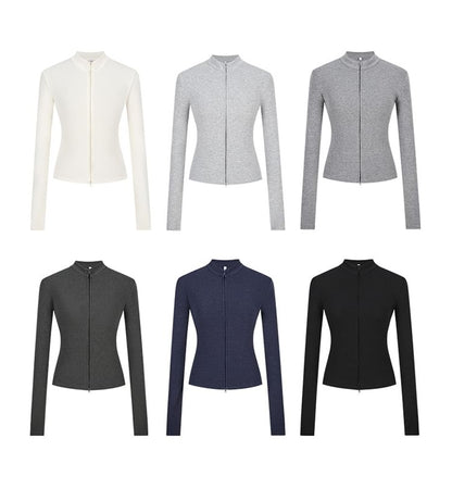 Zip Up Mockneck Long Sleeve Solid Casual T-Shirt