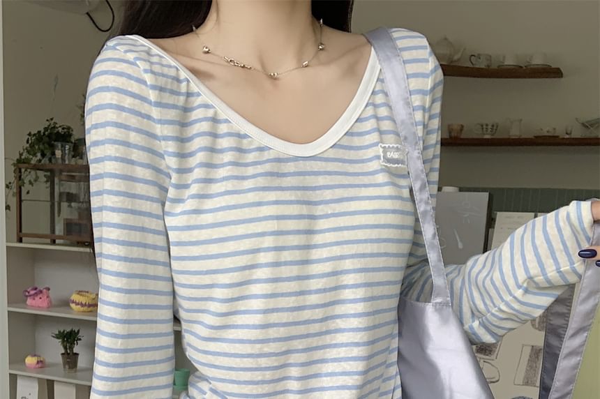 Striped V Neck Long Sleeve Casual T-Shirt