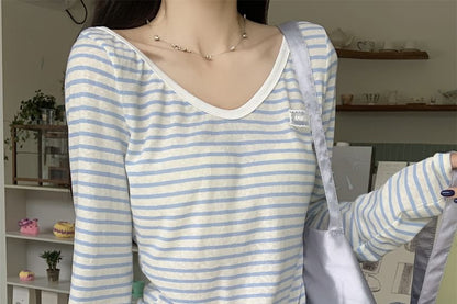 Striped V Neck Long Sleeve Casual T-Shirt