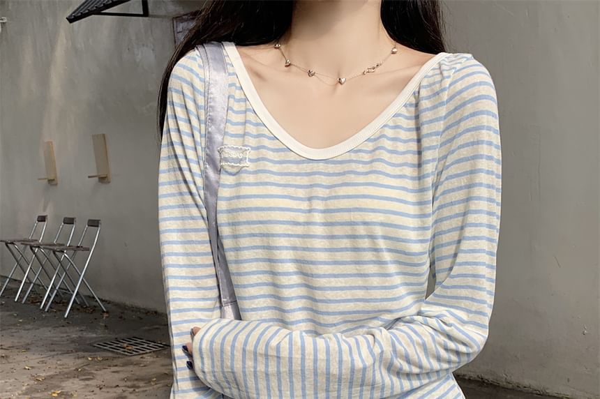 Striped V Neck Long Sleeve Casual T-Shirt