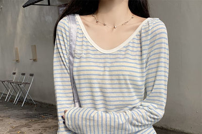 Striped V Neck Long Sleeve Casual T-Shirt