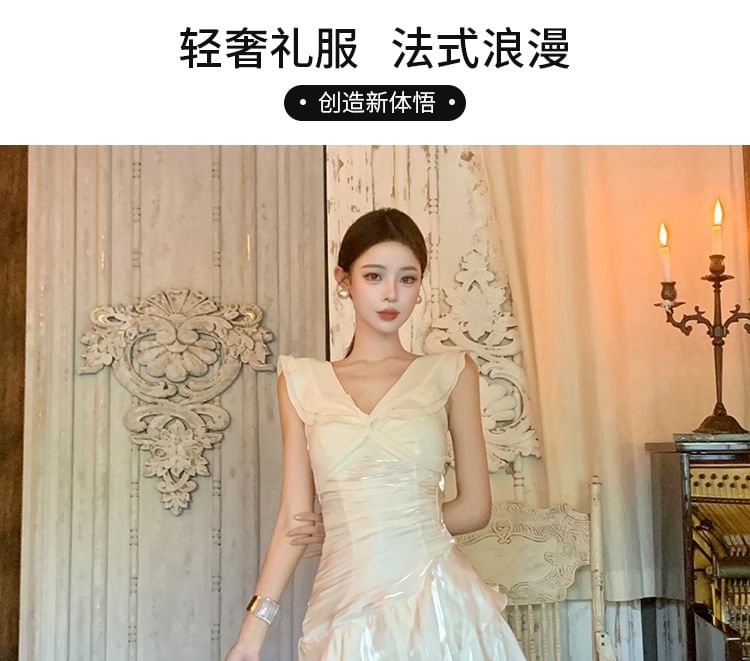Sleeveless V-Neck Plain Ruffle Trim Tiered Midi A-Line Evening Dress