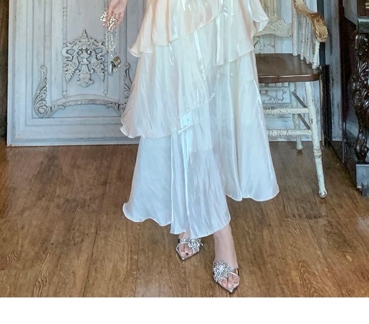 Sleeveless V-Neck Plain Ruffle Trim Tiered Midi A-Line Evening Dress