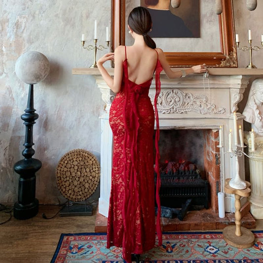 Spaghetti Strap Ruffle Trim Open Back Lace Maxi Sheath Evening Dress