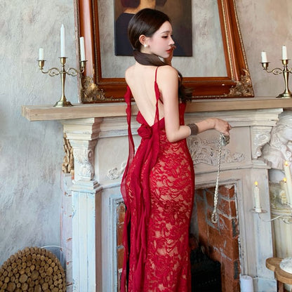 Spaghetti Strap Ruffle Trim Open Back Lace Maxi Sheath Evening Dress