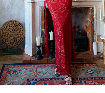 Spaghetti Strap Ruffle Trim Open Back Lace Maxi Sheath Evening Dress