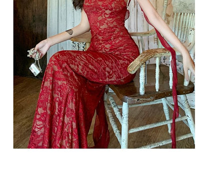 Spaghetti Strap Ruffle Trim Open Back Lace Maxi Sheath Evening Dress