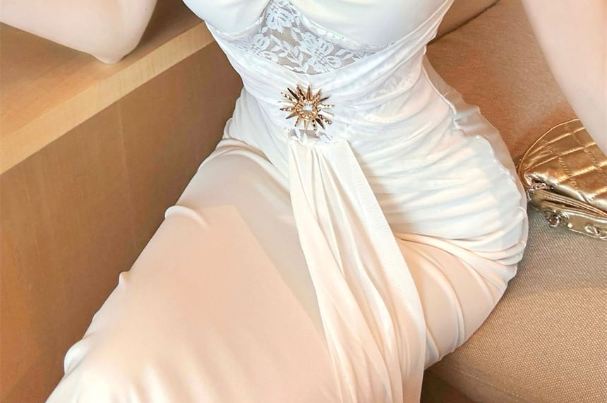 Strapless Rhinestone Detail Sheath Evening Gown