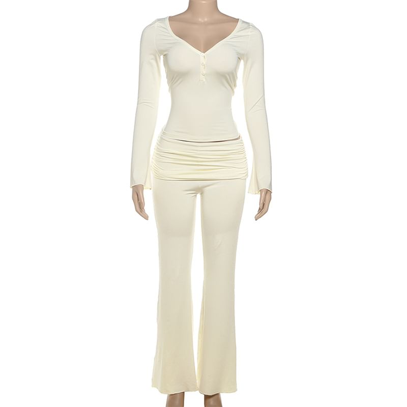Ruched V Neck Top and Slim Pants Mid Rise Set