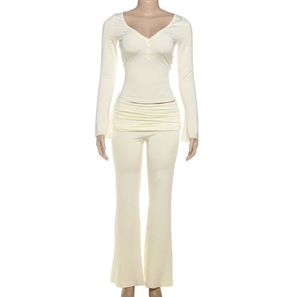 Ruched V Neck Top and Slim Pants Mid Rise Set