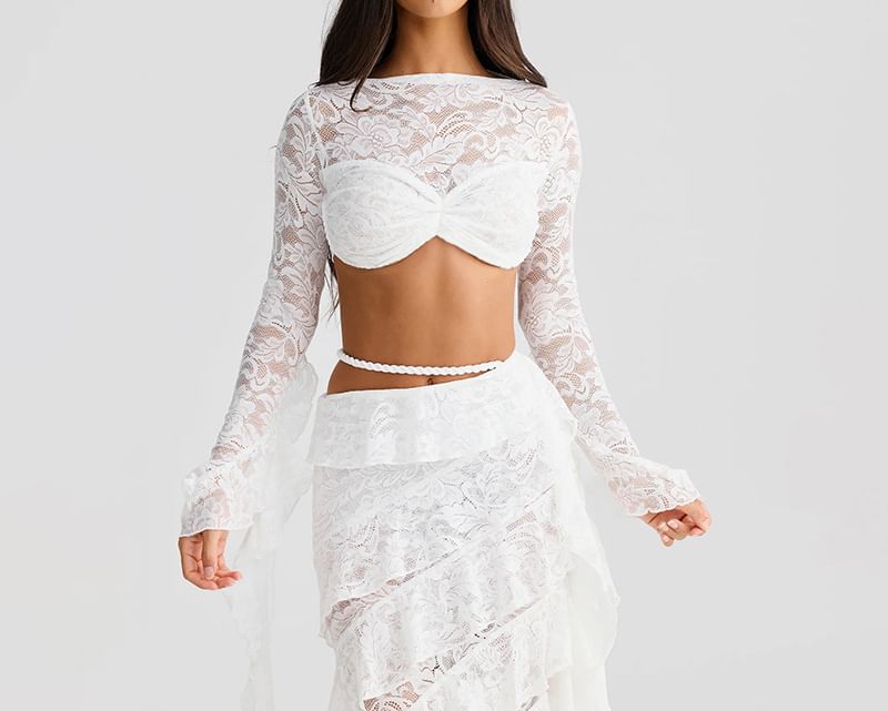 Lace Crop Top and Midi Pencil Skirt Long Sleeve Set